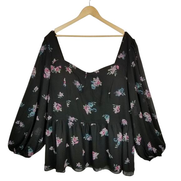 City Chic NWT Women's Black Floral Jemina Peplum Peasant Blouse Top Size 24 - Picture 2 of 9